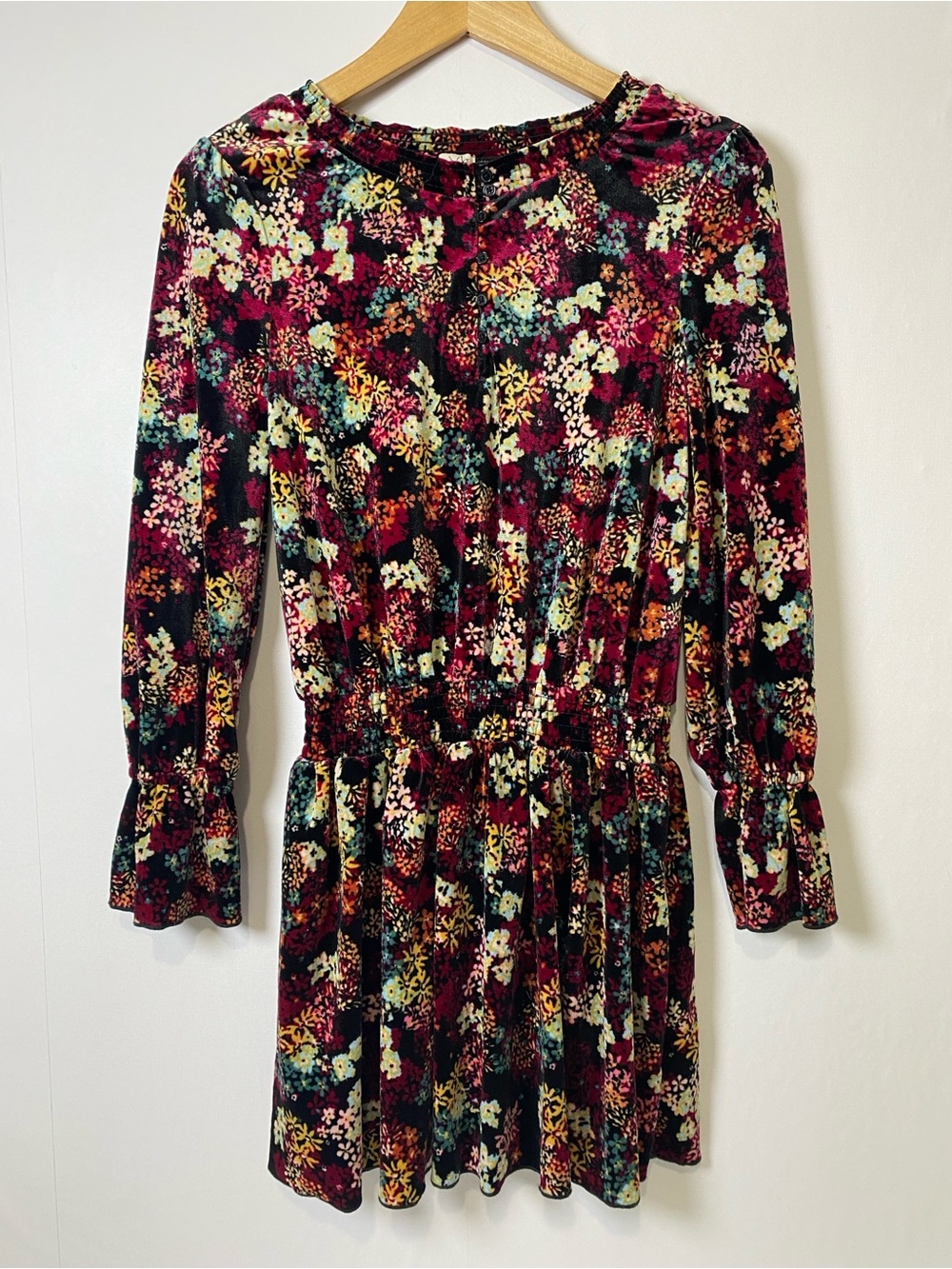 Ella Moss Floral Smocked Waist Mini Dress Long Sleeve Boho Size 14 Girls